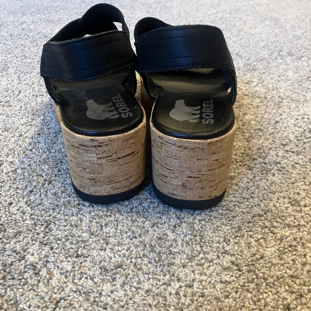Sorel Cameron Flatform Black Leather Cork Wedge Sandals Womens 6.5 Edgy Boho - Picture 3 of 7